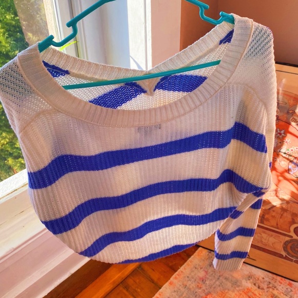 Periwinkle Blue Cozy Off The Shoulder V Neck Woven Knit Striped White Sweater - Picture 9 of 11